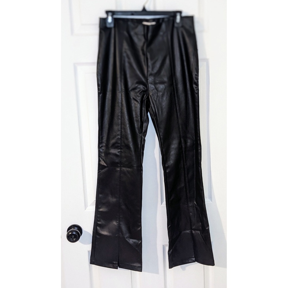 Baevely Faux Leather Pants Split Hem Bootcut Black Trousers Womens Size L‎ NWT